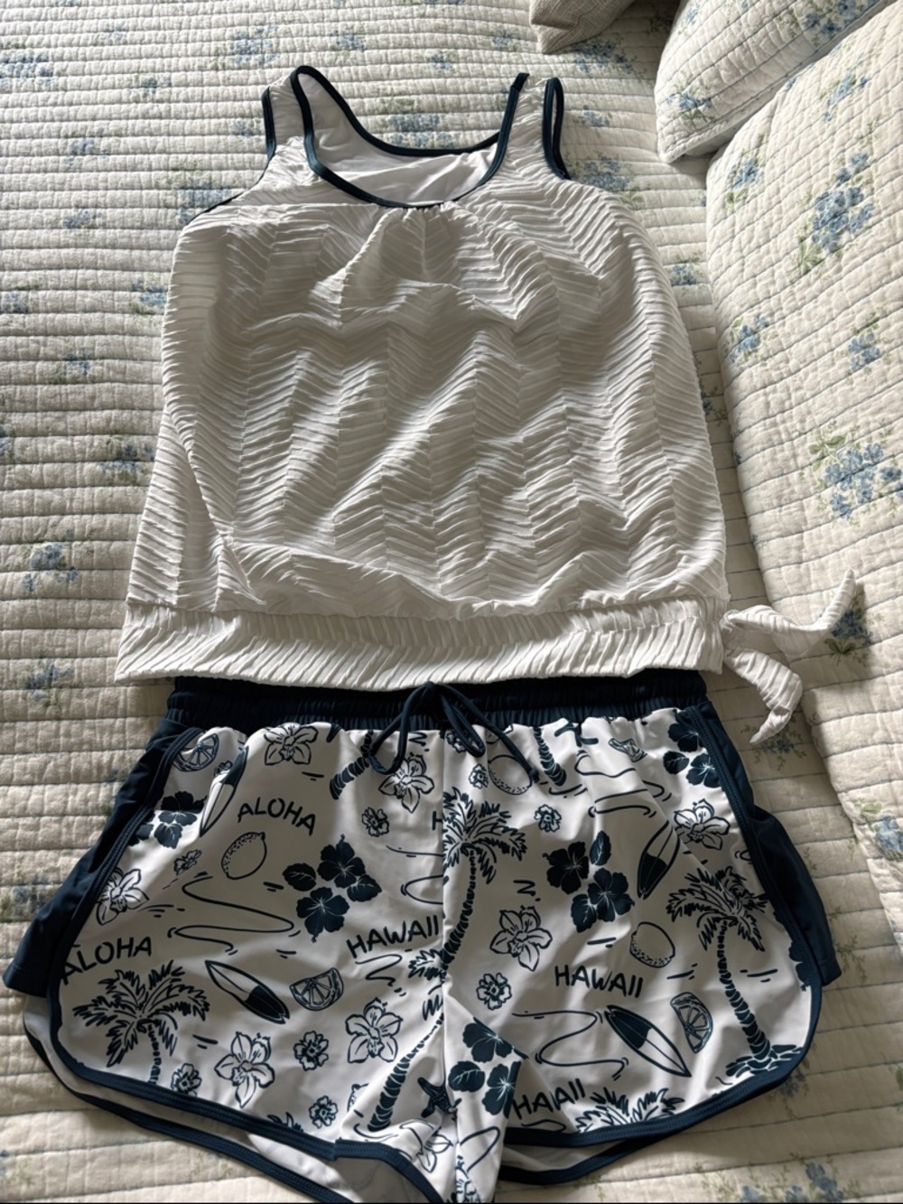 Women’s White Tankini Top and Navy Print Swim Shorts